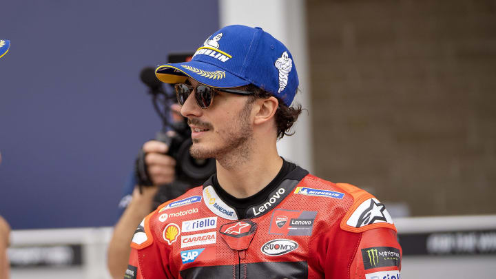 Apr 15, 2023; Austin, TX, USA; Francesco Bagnaia (1) of Italy and Ducati Lenovo Team talks to Luca Marini (10) of Italy and Mooney VR46 Racing Team at the finish of qualifying round two at Circuit of the Americas. Mandatory Credit: Dustin Safranek-USA TODAY Sports