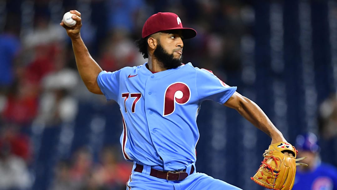 Sep 16, 2021; Philadelphia, Pennsylvania, USA; Philadelphia Phillies pitcher Adonis Medina (77) throws against the Chicago Cubs in the eighth inning at Citizens Bank Park.
