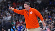 Mar 20, 2025; Providence, RI, USA; Clemson Tigers head coach Brad Brownell reacts during the second half against the McNeese State Cowboys at Amica Mutual Pavilion. Mandatory Credit: Gregory Fisher-Imagn Images