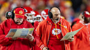 Jan 26, 2025; Kansas City, MO, USA; Kansas City Chiefs offensive coordinator Matt Nagy (right) and head coach Andy Reid against the Buffalo Bills during the AFC Championship game at GEHA Field at Arrowhead Stadium. Mandatory Credit: Mark J. Rebilas-Imagn Images