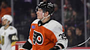 Nov 25, 2024; Philadelphia, Pennsylvania, USA; Philadelphia Flyers right wing Matvei Michkov (39) against the Vegas Golden Knights at Wells Fargo Center. Mandatory Credit: Eric Hartline-Imagn Images