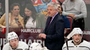Jan 27, 2023; Sunrise, Florida, USA; Los Angeles Kings head coach Todd McLellan looks on during the second period against the Florida Panthers at FLA Live Arena. Mandatory Credit: Jason Mowry-Imagn Images