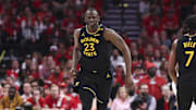 Golden State Warriors' Draymond Green reacts after scoring a basket in the 2025 NBA Playoffs against the Houston Rockets.