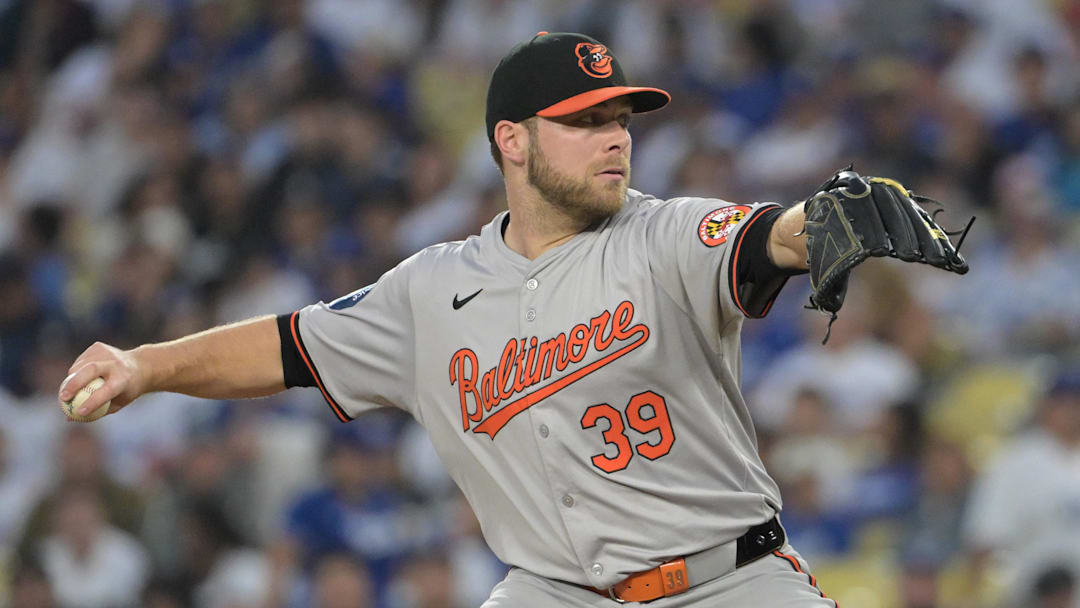 Aug 28, 2024; Los Angeles, California, USA; Baltimore Orioles starting pitcher Corbin Burnes (39) delivers to the plate in the first inning against the Los Angeles Dodgers at Dodger Stadium. Aug 28, 2024; Los Angeles, California, USA; Baltimore Orioles starting pitcher Corbin Burnes (39) delivers to the plate in the first inning against the Los Angeles Dodgers at Dodger Stadium.