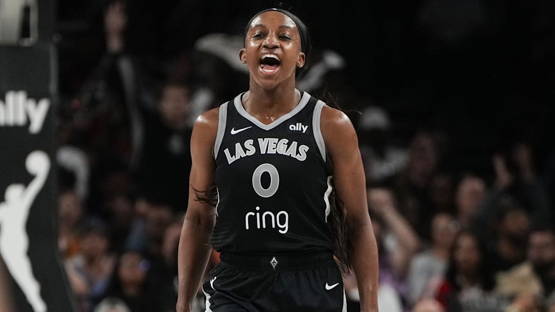 Oct 5, 2025; Las Vegas, Nevada, USA; Las Vegas Aces guard Jackie Young (0) reacts after scoring against the Phoenix Mercury during the third quarter of game two of the 2025 WNBA Finals at Michelob Ultra Arena. Mandatory Credit: Lucas Peltier-Imagn Images