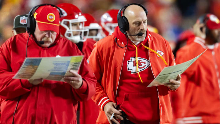 Jan 26, 2025; Kansas City, MO, USA; Kansas City Chiefs offensive coordinator Matt Nagy (right) and head coach Andy Reid against the Buffalo Bills during the AFC Championship game at GEHA Field at Arrowhead Stadium. Mandatory Credit: Mark J. Rebilas-Imagn Images