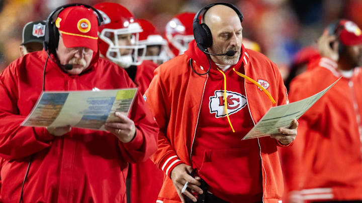 Jan 26, 2025; Kansas City, MO, USA; Kansas City Chiefs offensive coordinator Matt Nagy (right) and head coach Andy Reid against the Buffalo Bills during the AFC Championship game at GEHA Field at Arrowhead Stadium. Mandatory Credit: Mark J. Rebilas-Imagn Images