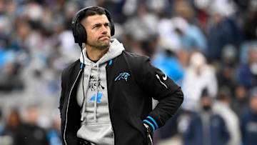 Dec 15, 2024; Charlotte, North Carolina, USA; Carolina Panthers head coach Dave Canales in the second quarter at Bank of America Stadium. Mandatory Credit: Bob Donnan-Imagn Images