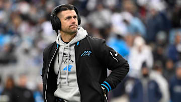 Dec 15, 2024; Charlotte, North Carolina, USA; Carolina Panthers head coach Dave Canales in the second quarter at Bank of America Stadium. Mandatory Credit: Bob Donnan-Imagn Images