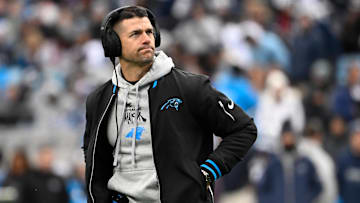 Dec 15, 2024; Charlotte, North Carolina, USA; Carolina Panthers head coach Dave Canales in the second quarter at Bank of America Stadium.