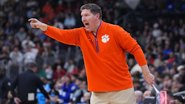 Mar 20, 2025; Providence, RI, USA; Clemson Tigers head coach Brad Brownell reacts during the second half against the McNeese State Cowboys at Amica Mutual Pavilion. Mandatory Credit: Gregory Fisher-Imagn Images