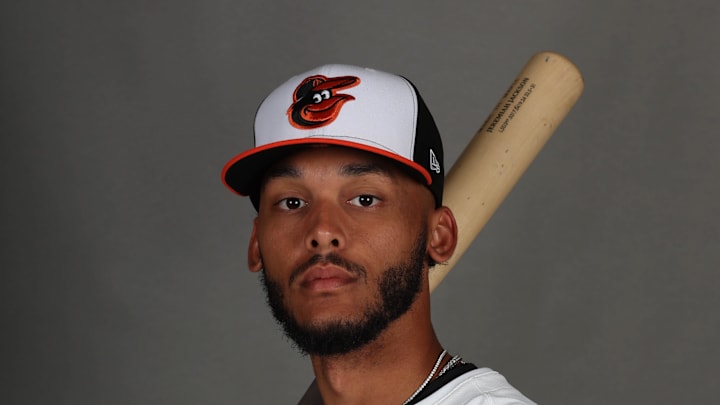 Feb 19, 2025; Sarasota, FL, USA; Baltimore Orioles infielder Jeremiah Jackson (82) poses for photo during media day at Ed Smith Stadium. Mandatory Credit: Kim Klement Neitzel-Imagn Images