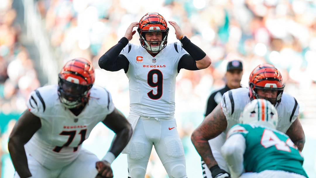 Dec 21, 2025; Miami Gardens, Florida, USA; Cincinnati Bengals quarterback Joe Burrow (9) reacts before the play during the second quarter against the Miami Dolphins at Hard Rock Stadium. Mandatory Credit: Sam Navarro-Imagn Images Dec 21, 2025; Miami Gardens, Florida, USA; Cincinnati Bengals quarterback Joe Burrow (9) reacts before the play during the second quarter against the Miami Dolphins at Hard Rock Stadium. Mandatory Credit: Sam Navarro-Imagn Images
