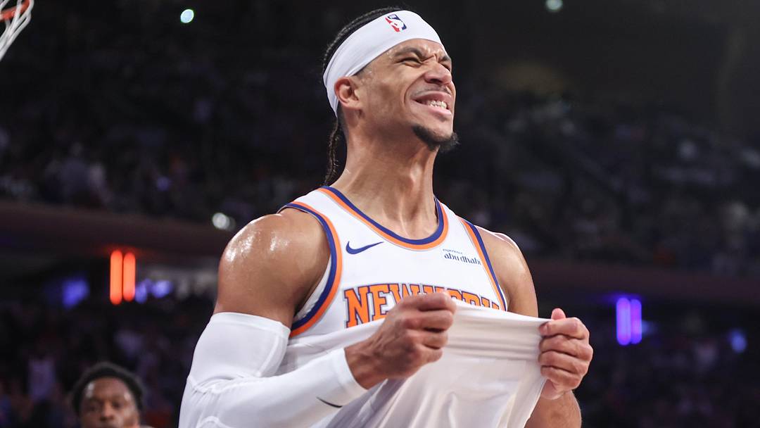 Dec 25, 2024; New York, New York, USA;  New York Knicks guard Josh Hart (3) reacts after missing a layup in the fourth quarter against the San Antonio Spurs at Madison Square Garden. Mandatory Credit: Wendell Cruz-Imagn Images