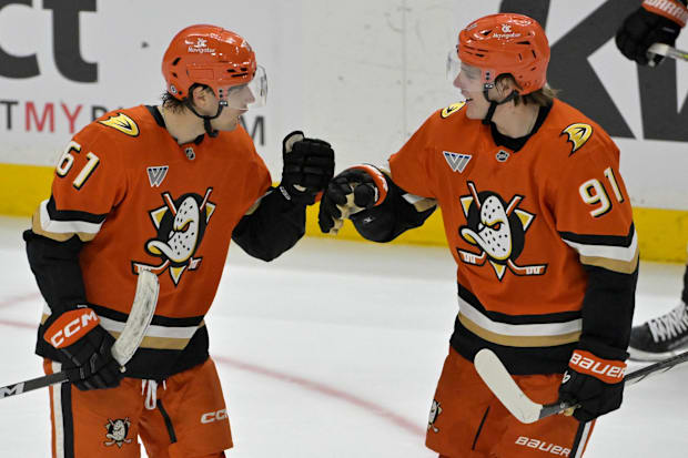 Hockey players celebrate a goal score