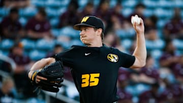 Mizzou Tigers starting pitcher Daniel Wissler delivers a pitch to the plate as the Tigers took on the Missouri State Bears at Hammons Field on Tuesday, April 16, 2024.