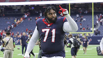 Nov 5, 2023; Houston, Texas, USA; Houston Texans offensive tackle Tytus Howard (71) walks off the field after the game against the Tampa Bay Buccaneers at NRG Stadium. Mandatory Credit: Troy Taormina-Imagn Images
