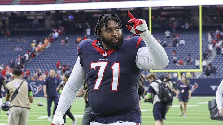Nov 5, 2023; Houston, Texas, USA; Houston Texans offensive tackle Tytus Howard (71) walks off the field after the game against the Tampa Bay Buccaneers at NRG Stadium. Mandatory Credit: Troy Taormina-Imagn Images