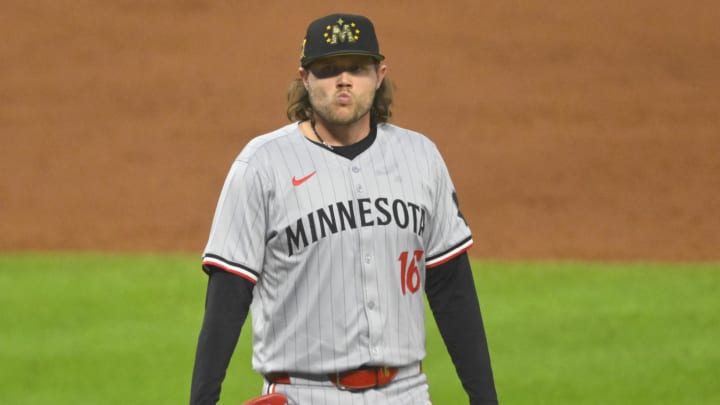 May 17, 2024; Cleveland, Ohio, USA; Minnesota Twins relief pitcher Steven Okert (16) reacts in the sixth inning against the Cleveland Guardians at Progressive Field. Mandatory Credit: David Richard-USA TODAY Sports