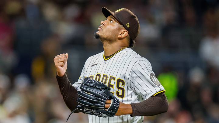 Jul 7, 2026; San Diego, California, USA; San Diego Padres relief pitcher Jhony Brito (76) celebrates during the seventh inning against the Arizona Diamondbacks at Petco Park. Mandatory Credit: David Frerker-Imagn Images