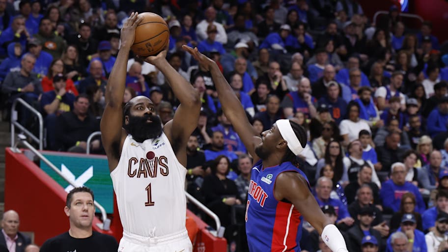 Cavaliers guard James Harden shoots on Pistons guard Caris LeVert.