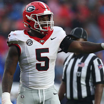 Nov 9, 2024; Oxford, Mississippi, USA; Georgia Bulldogs linebacker Raylen Wilson (5) reacts during the first half against the Mississippi Rebels at Vaught-Hemingway Stadium. Mandatory Credit: Petre Thomas-Imagn Images