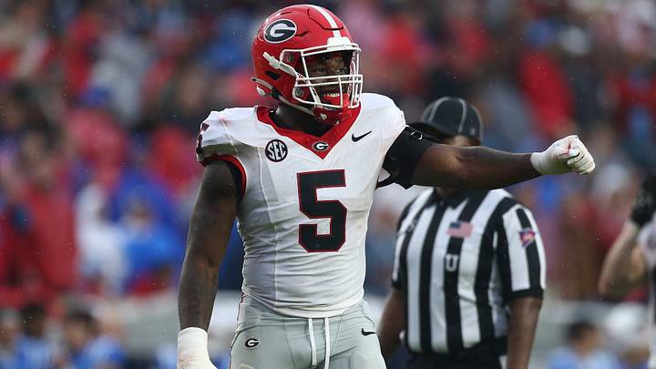 Nov 9, 2024; Oxford, Mississippi, USA; Georgia Bulldogs linebacker Raylen Wilson (5) reacts during the first half against the Mississippi Rebels at Vaught-Hemingway Stadium. Mandatory Credit: Petre Thomas-Imagn Images
