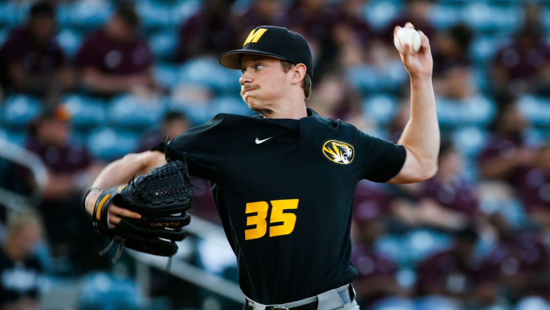 Mizzou Tigers starting pitcher Daniel Wissler delivers a pitch to the plate as the Tigers took on the Missouri State Bears at Hammons Field on Tuesday, April 16, 2024.