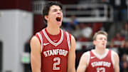 Feb 10, 2024; Stanford, California, USA; Stanford Cardinal guard Andrej Stojakovic (2) reacts after scoring a three-point basket against the USC Trojans during the first half at Maples Pavilion. Mandatory Credit: Robert Edwards-Imagn Images