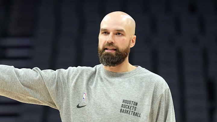 Mar 10, 2024; Sacramento, California, USA; Houston Rockets assistant coach Ben Sullivan gestures before the game against the Sacramento Kings at Golden 1 Center. Mandatory Credit: Darren Yamashita-Imagn Images