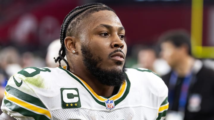 Oct 19, 2025; Glendale, Arizona, USA; Green Bay Packers running back Josh Jacobs (8) against the Arizona Cardinals at State Farm Stadium. Mandatory Credit: Mark J. Rebilas-Imagn Images