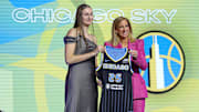 Apr 14, 2025; New York, New York, USA; Ajsa Sivka poses with WNBA commissioner Cathy Engelbert after being selected with the number ten overall pick to the Chicago Sky in the 2025 WNBA Draft at The Shed at Hudson Yards. Mandatory Credit: Vincent Carchietta-Imagn Images
