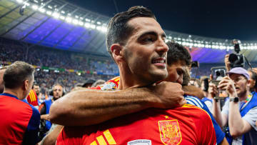 Mikel Merino of Spain celebrates during the ceremony after...