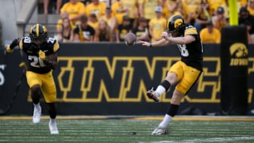 Iowa’s Drew Stevens (18) kicks off against Troy Saturday, Sept. 14, 2024 at Kinnick Stadium in Iowa City, Iowa.