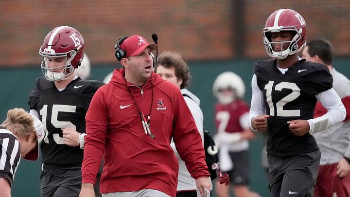 Mar 5, 2025; Tuscaloosa, AL, USA; Quarterbacks coach Nick Seridan walks between quarterbacks Ty Simpson (15) and Keelon Russell (12)during Spring Practice for the Crimson Tide.