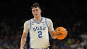 Apr 5, 2025; San Antonio, TX, USA; Duke Blue Devils forward Cooper Flagg (2) dribbles the ball against the Houston Cougars during the second half in the semifinals of the men's Final Four of the 2025 NCAA Tournament at the Alamodome. Mandatory Credit: Bob Donnan-Imagn Images