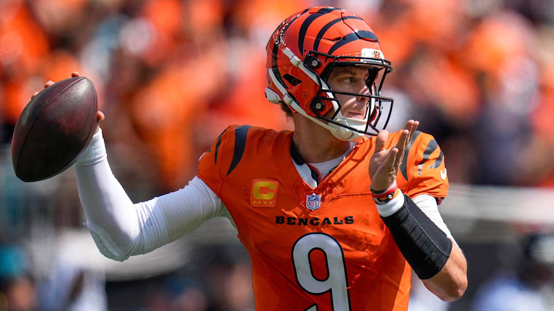 Cincinnati Bengals quarterback Joe Burrow (9) throws a pass in the first quarter of the NFL Week 2 game between the Cincinnati Bengals and the Jacksonville Jaguars at Paycor Stadium in downtown Cincinnati on Sunday, Sept. 14, 2025. The Jaguars led 17-10 at halftime.