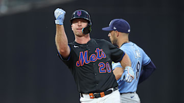 Jun 13, 2025; New York City, New York, USA; New York Mets first baseman Pete Alonso (20) reacts after a double during the fourth inning against the Tampa Bay Rays at Citi Field. Mandatory Credit: Vincent Carchietta-Imagn Images