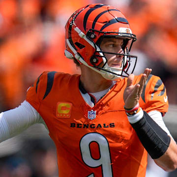 Cincinnati Bengals quarterback Joe Burrow (9) throws a pass in the first quarter of the NFL Week 2 game between the Cincinnati Bengals and the Jacksonville Jaguars at Paycor Stadium in downtown Cincinnati on Sunday, Sept. 14, 2025. The Jaguars led 17-10 at halftime.