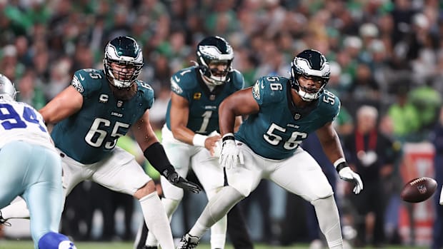 Philadelphia Eagles guard Tyler Steen (56) and offensive tackle Lane Johnson