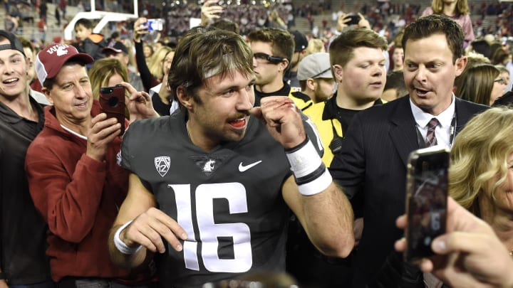 Oct 20, 2018; Pullman, WA, USA; Washington State Cougars quarterback Gardner Minshew (16) celebrates after a football game against the Oregon Ducks at Martin Stadium. The Cougars won 34-20. Mandatory Credit: James Snook-USA TODAY Sports