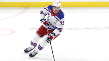 Oct 30, 2023; Winnipeg, Manitoba, CAN;New York Rangers center Filip Chytil (72) warms up before a game against the Winnipeg Jets  at Canada Life Centre. Mandatory Credit: James Carey Lauder-USA TODAY Sports