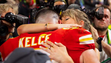 Feb 11, 2024; Paradise, Nevada, USA; Kansas City Chiefs tight end Travis Kelce (87) celebrates with girlfriend Taylor Swift after defeating the San Francisco 49ers in Super Bowl LVIII at Allegiant Stadium. Mandatory Credit: Mark J. Rebilas-USA TODAY Sports
