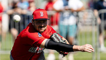 Wyatt Mills, a non-roster invitee pitcher for the Boston Red Sox throws at JetBlue Park at Fenway South.
