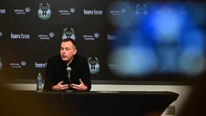 Milwaukee Bucks general manager Jon Horst address the media after head coach Adrian Griffin (not pictured) was dismissed at Fiserv Forum.