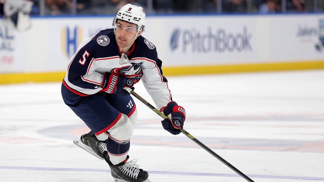 Mar 22, 2026; Elmont, New York, USA; Columbus Blue Jackets defenseman Denton Mateychuk (5) skates with the puck against the New York Islanders during the third period at UBS Arena. Mandatory Credit: Brad Penner-Imagn Images