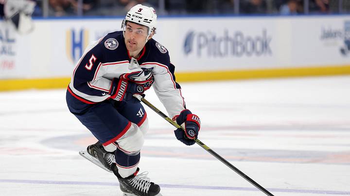 Mar 22, 2026; Elmont, New York, USA; Columbus Blue Jackets defenseman Denton Mateychuk (5) skates with the puck against the New York Islanders during the third period at UBS Arena. Mandatory Credit: Brad Penner-Imagn Images
