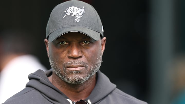 Dec 28, 2025; Miami Gardens, Florida, USA; Tampa Bay Buccaneers head coach Todd Bowles walks around the field during warmups prior to a game against the Miami Dolphins at Hard Rock Stadium. Mandatory Credit: Nathan Ray Seebeck-Imagn Images
