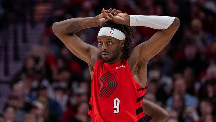 Oct 23, 2024; Portland, Oregon, USA;  Portland Trailblazers shooting forward Jerami Grant (9) reacts during the second half against the Golden State Warriors at Moda Center. Mandatory Credit: Stephen Brashear-Imagn Images