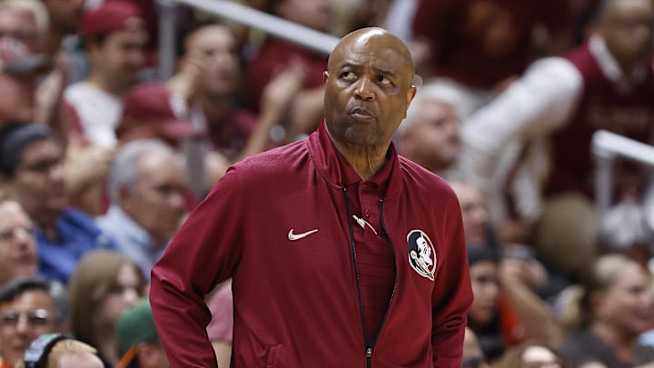 Feb 25, 2023; Coral Gables, Florida, USA; Florida State Seminoles head coach Leonard Hamilton looks at the scoreboard against the Miami Hurricanes during the second half at Watsco Center. Mandatory Credit: Rhona Wise-Imagn Images